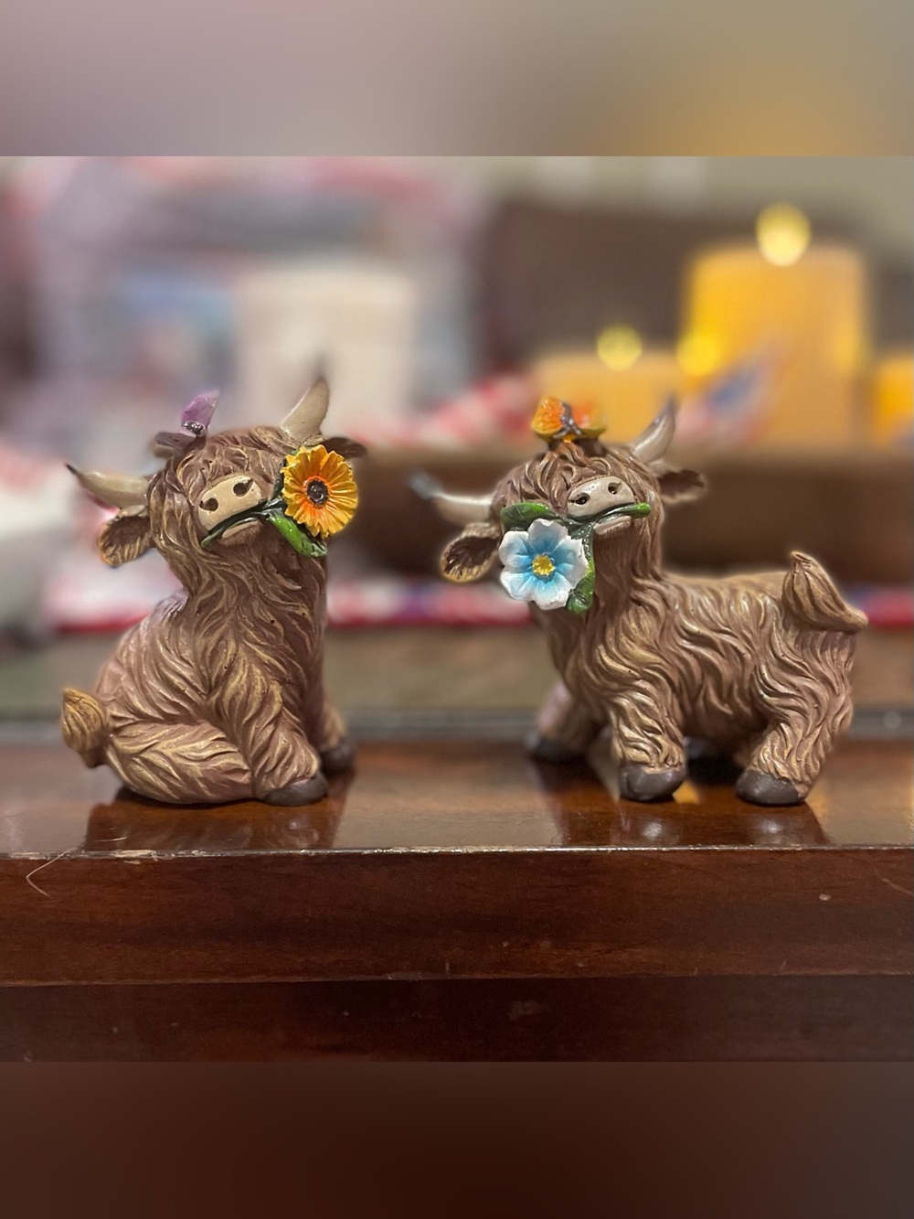 Decorative Highland Cow Figurines Set of 2- Brown with Floral Accents